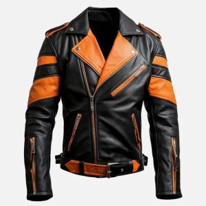 men’s stylish orange black biker leather jacket