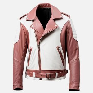 men's white and rosy brown biker leather jacket