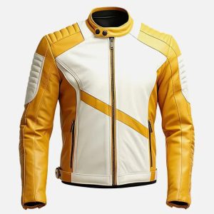 men’s yellow white quilted cafe racer leather jacket