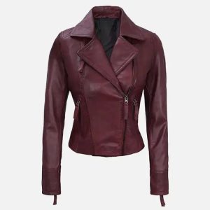 women's maroon asymmetrical biker leather jacket
