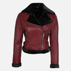 women's maroon and black biker shearling leather jacket