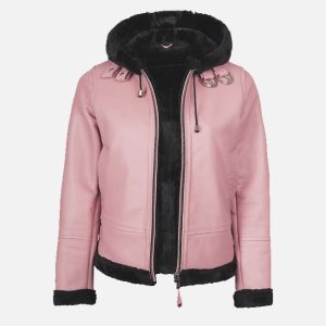 women's pink leather hooded shearling jacket