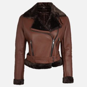 women's cognac biker shearling leather jacket