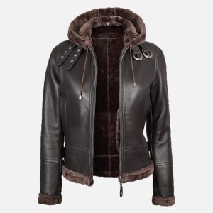 women's dark brown leather hooded shearling jacket