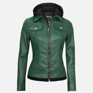 women's green leather jacket with hood