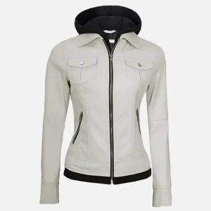 women's off white leather jacket with hood