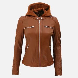women's cognac slim fit leather jacket with removable hood