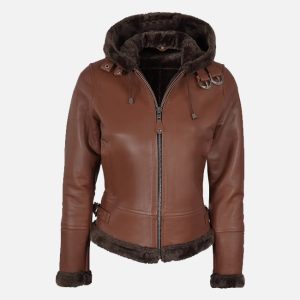 women's cognac brown leather hooded shearling jacket