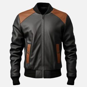 men's black and brown bomber leather jacket