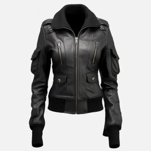 women’s black leather bomber jacket