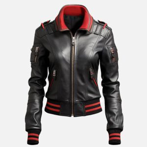 women’s black & red bomber leather jacket