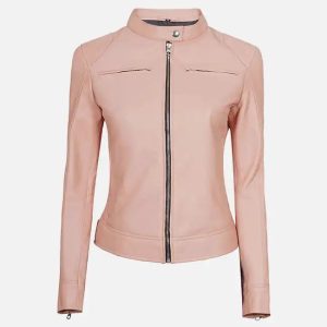 women's light pink cafe racer leather jacket