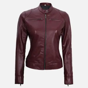 women's maroon leather moto jacket