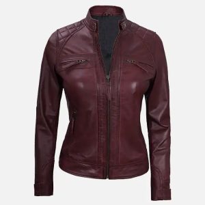 maroon women's real leather motorcycle jacket