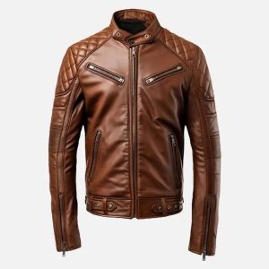 men' brown racer cafe moto leather jacket