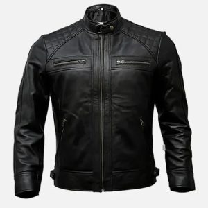 men’s timber style padded shoulder black leather jacket