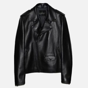 men's all black zipper biker leather jacket