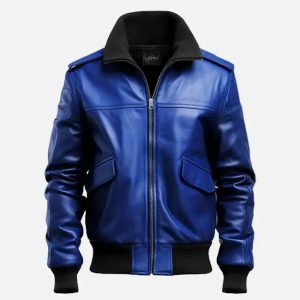 men's aviator blue leather bomber jacket