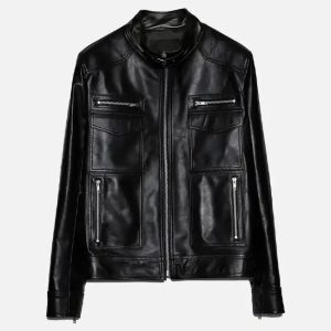 men's band collar biker leather jacket