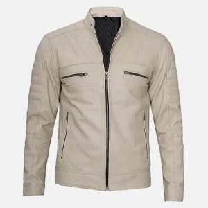 men's beige cafe racer leather jacket