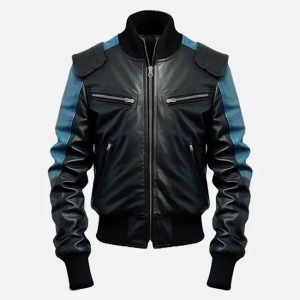 men's black & blue bomber leather jacket