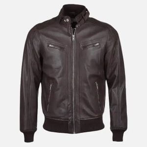 men’s snap double button collar brown leather bomber jacket