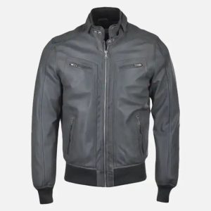 men’s snap double button collar grey leather bomber jacket