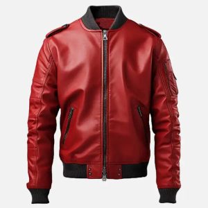 men's stylish red bomber leather jacket