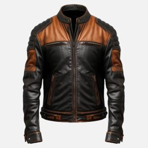 men's black & tan brown biker leather jacket