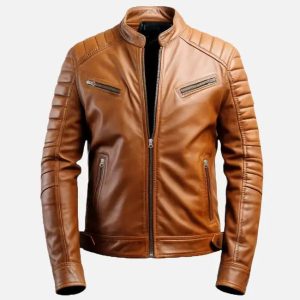 men's tan leather cafe racer jacket