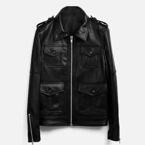 men's zip up black biker leather jacket