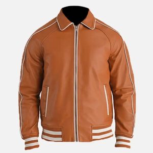 men's tan brown leather varsity jacket