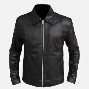 men’s vintage shirt collar black leather jacket