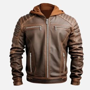 men's voguish brown detachable hooded leather jacket