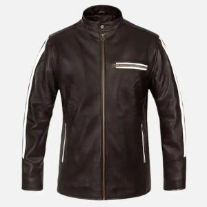 men's white stripe brown biker leather jacket