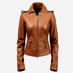 slim fit women brown leather jacket