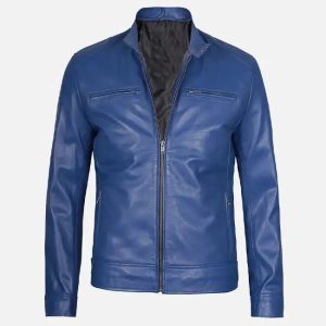 stylish slim fit men’s blue leather jacket