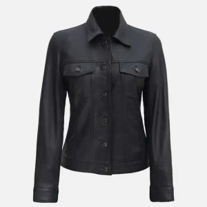 women black leather trucker jacket
