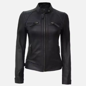 women’s black quilted cafe racer leather jacket