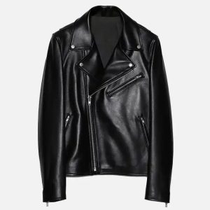 women minimal black biker leather jacket