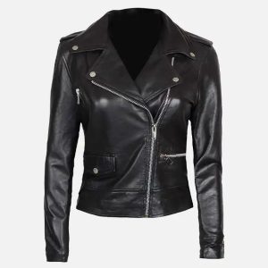 women’s asymmetrical black leather biker jacket