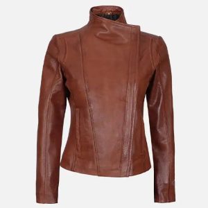 women’s asymmetrical tan biker leather jacket