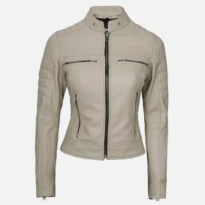 women’s beige cafe racer leather jacket