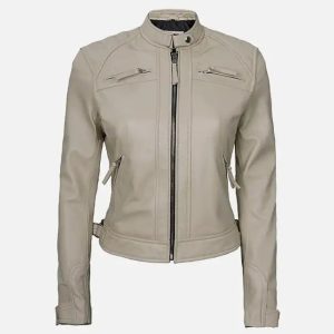 women’s beige diamond cafe racer leather jacket