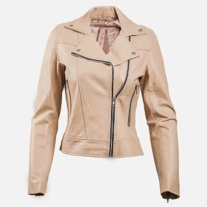 women’s beige leather biker jacket
