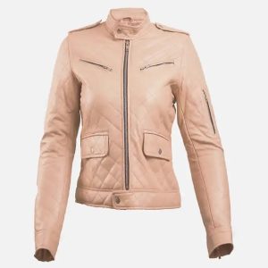 women’s beige leather puffer jacket