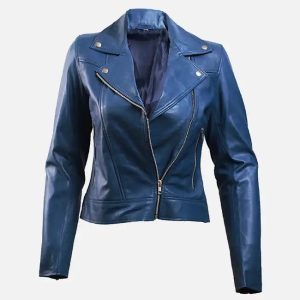 women’s blue leather biker jacket