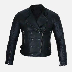 women's double breasted black leather jacket