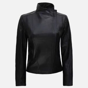 women’s black flap closure cafe racer leather jacket