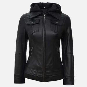 women’s black leather jacket with hood